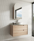 Aulic Ainsley 900mm wall hung vanity styled in a bathroom