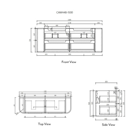 Aulic Briony 1500mm wall hung vanity dimensions diagram