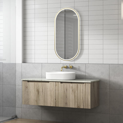Side view of the Aulic Calder 1200mm wall hung vanity showing drawer depth