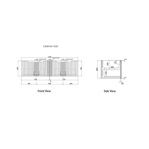 Aulic Calder 1500mm wall hung vanity dimensions diagram