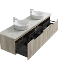 Open drawers of the Aulic Calder 1500mm wall hung vanity showing the graphite interior