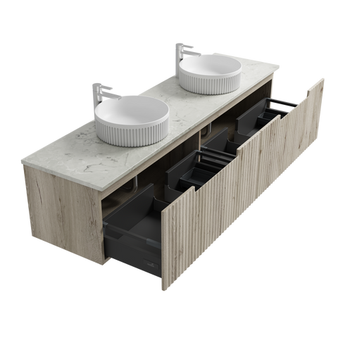 Open drawers of the Aulic Calder 1500mm wall hung vanity showing the graphite interior