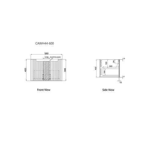 Aulic Calder 600mm wall hung vanity dimensions diagram