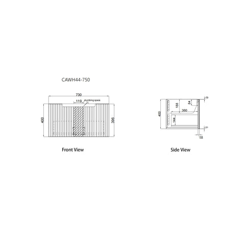 Aulic Calder 750mm wall hung vanity dimensions diagram