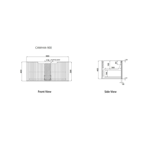 Aulic Calder 900mm wall hung vanity dimensions diagram