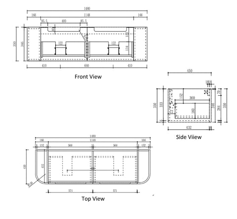 Aulic Carita 1500mm wall hung vanity dimensions diagram
