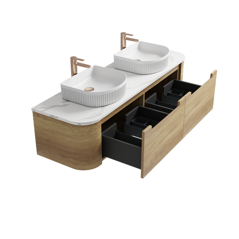 Open drawers of the Aulic Carita 1500mm wall hung vanity showing the graphite interior