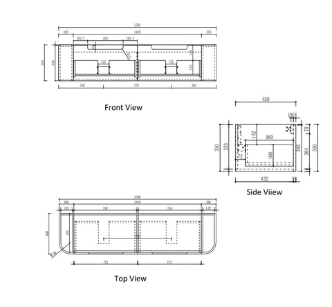 Aulic Carita 1800mm wall hung vanity dimensions diagram