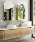 Aulic Carita 1800mm wall hung vanity styled in a bathroom