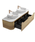 Open drawers of the Aulic Carita 750mm wall hung vanity showing the graphite interior