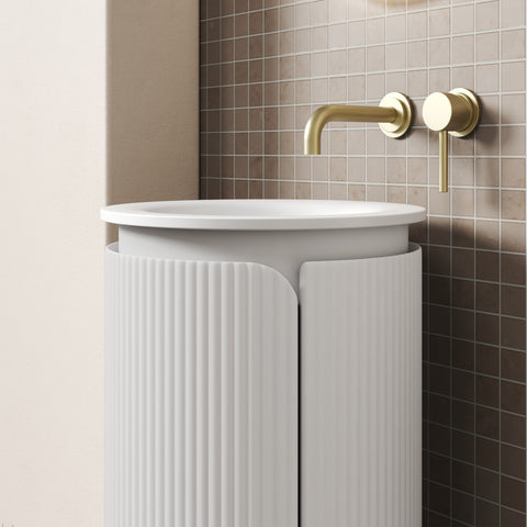 Close-up styling shot of the Aulic Civaro 420mm floor standing vanity