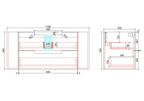 Aulic Curva 1200mm wall hung vanity dimensions diagram