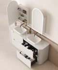Close-up styling shot of the Aulic Curva 1500mm floor standing vanity