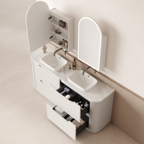 Close-up styling shot of the Aulic Curva 1500mm floor standing vanity