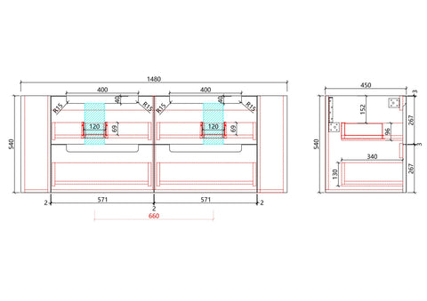 Aulic Curva 1500mm wall hung vanity dimensions diagram