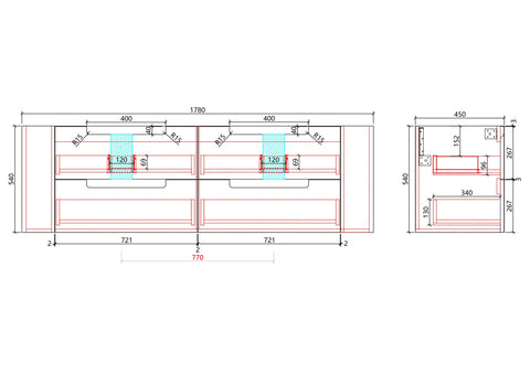 Aulic Curva 1800mm wall hung vanity dimensions diagram