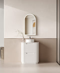 Aulic Curva 750mm floor standing vanity styled in a bathroom