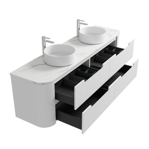 Open drawers of the Aulic Curva 750mm wall hung vanity showing the graphite interior