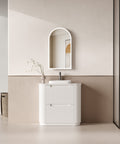Aulic Curva 900mm floor standing vanity styled in a bathroom
