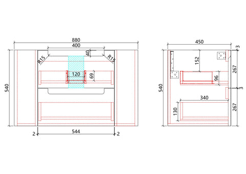 Aulic Curva 900mm wall hung vanity dimensions diagram
