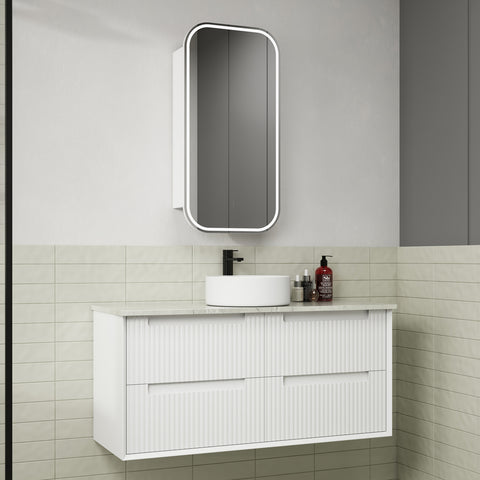 Aulic Flauto 1200mm wall hung vanity styled in a bathroom