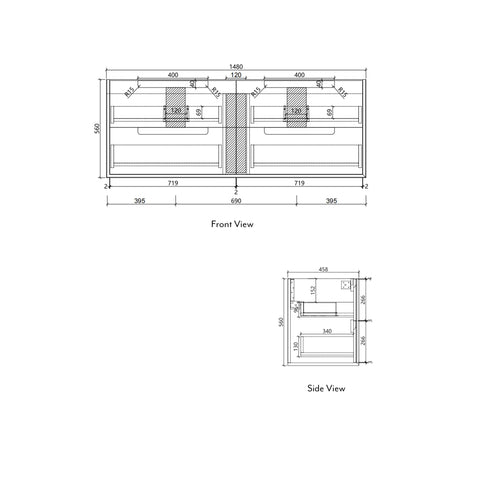 Aulic Flauto 1500mm wall hung vanity dimensions diagram