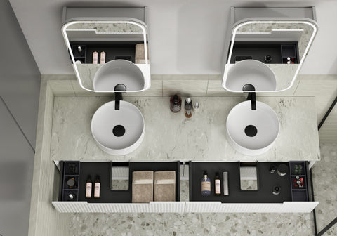 Close-up styling shot of the Aulic Flauto 1800mm wall hung vanity