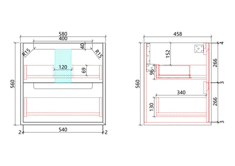 Aulic Flauto 600mm wall hung vanity dimensions diagram