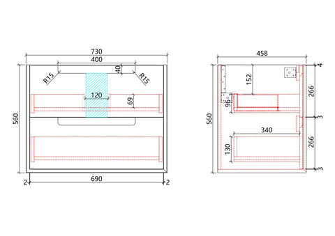 Aulic Flauto 750mm wall hung vanity dimensions diagram