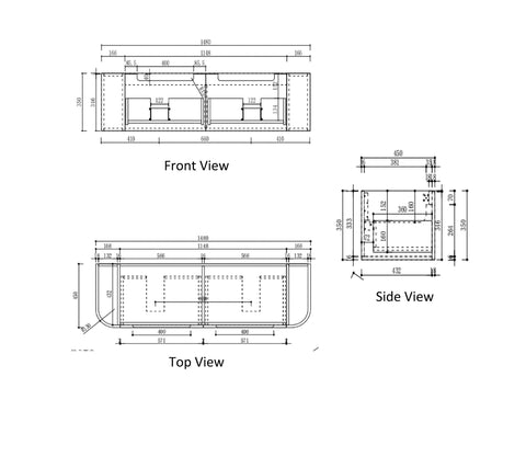 Aulic Hamilton 1500mm wall hung vanity dimensions diagram