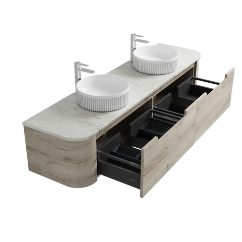 Open drawers of the Aulic Hamilton 1500mm wall hung vanity showing the graphite interior