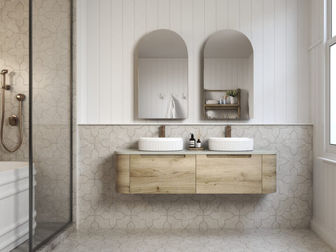Close-up styling shot of the Aulic Hamilton 1500mm wall hung vanity