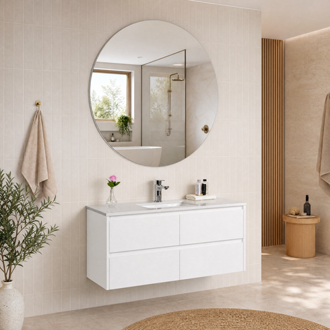 Aulic Leona 1200mm wall hung vanity styled in a bathroom
