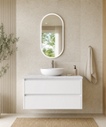 Aulic Leona 900mm wall hung vanity shown in a finished bathroom