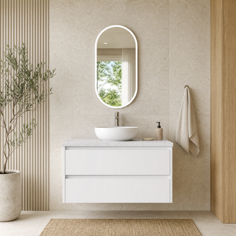 Aulic Leona 900mm wall hung vanity shown in a finished bathroom