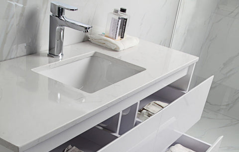 Aulic Leona 900mm wall hung vanity styled in a bathroom