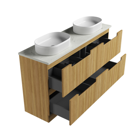 Open drawers of the Aulic Lovina 1500mm floor standing vanity showing the graphite interior