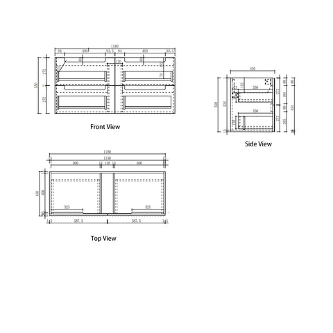 Aulic Lovina Tier 1200mm wall hung vanity dimensions diagram