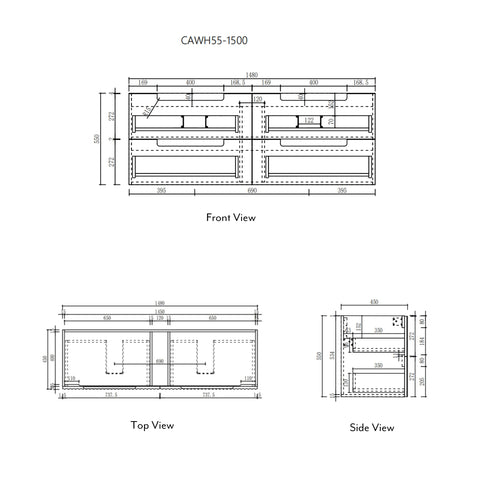 Aulic Lovina Tier 1500mm wall hung vanity dimensions diagram