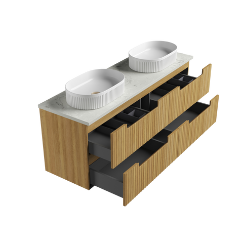 Open drawers of the Aulic Lovina Tier 1500mm wall hung vanity showing the graphite interior