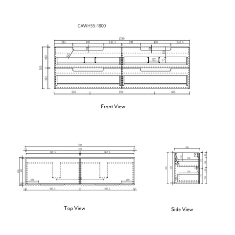 Aulic Lovina Tier 1800mm wall hung vanity dimensions diagram