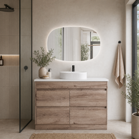 Close-up styling shot of the Aulic Max 1200mm floor standing vanity