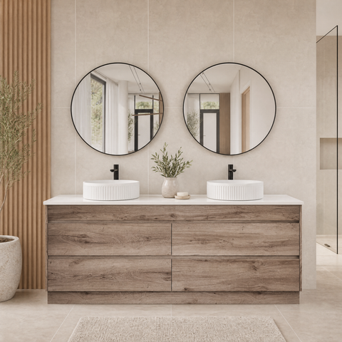 Close-up styling shot of the Aulic Max 1800mm floor standing vanity