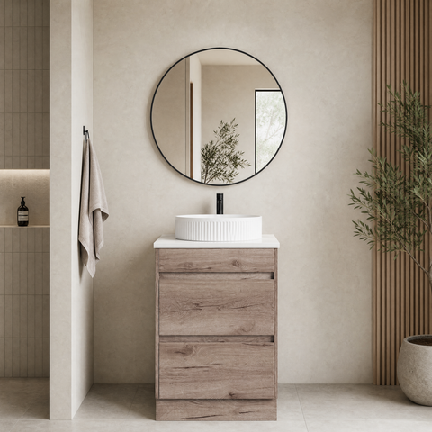 Close-up styling shot of the Aulic Max 600mm floor standing vanity