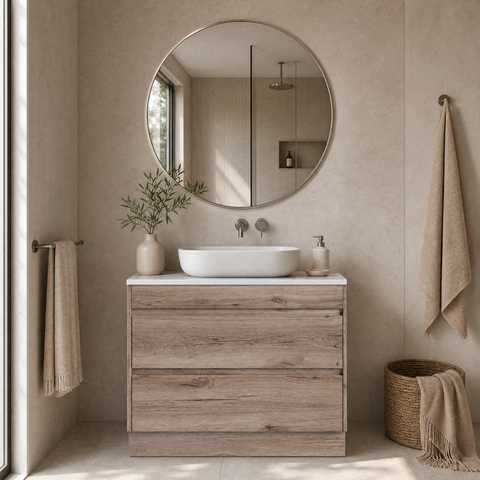 Close-up styling shot of the Aulic Max 750mm floor standing vanity
