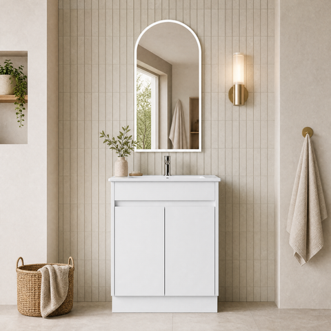 Close-up styling shot of the Aulic Maya 600mm floor standing vanity