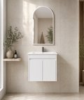 Close-up styling shot of the Aulic Maya 600mm wall hung vanity