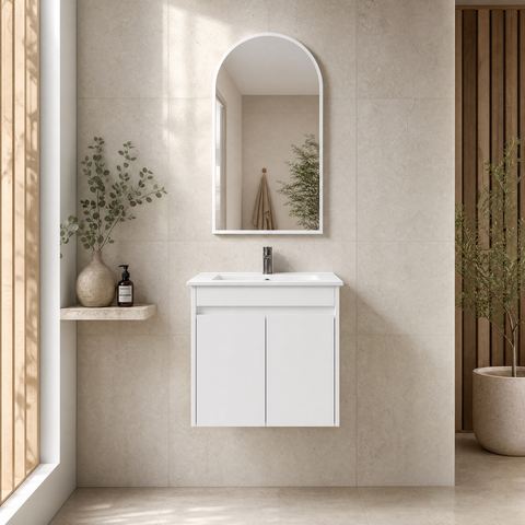 Close-up styling shot of the Aulic Maya 600mm wall hung vanity