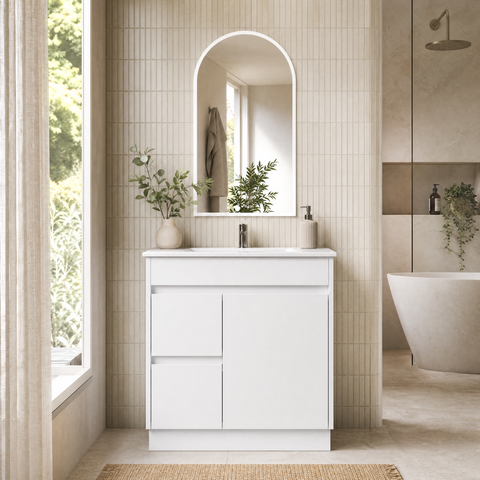 Close-up styling shot of the Aulic Maya 750mm floor standing vanity