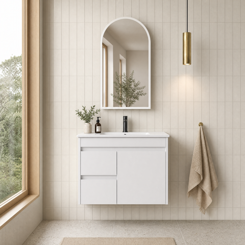 Close-up styling shot of the Aulic Maya 750mm wall hung vanity